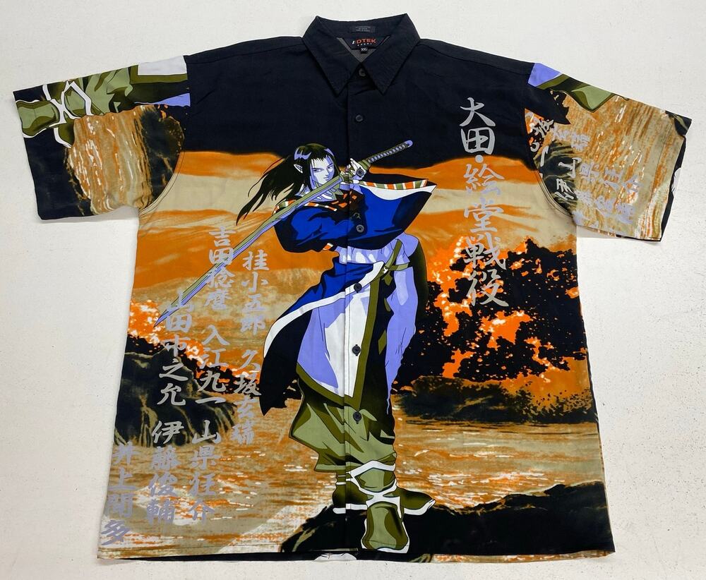 VTG Y2K DTEK Sport all-over print graphic samurai anime manga button up shirt